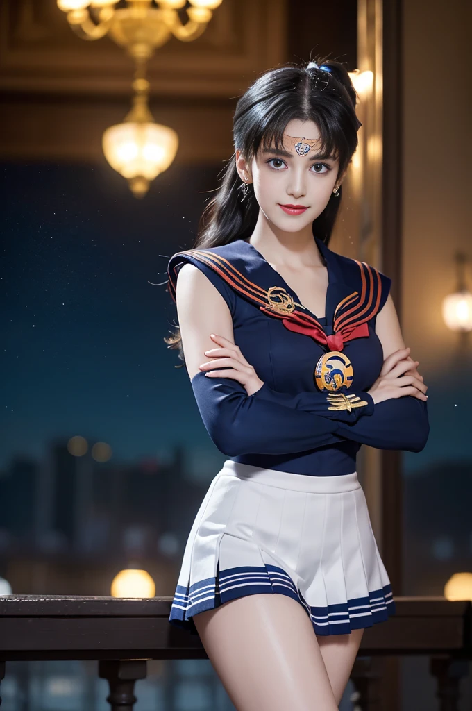 (Highly Detailed CG Unity 8K Wallpaper, Tabletop, Highest quality), (Exquisite lighting and shadows, A very dramatic picture, cinematic lens effects), (Sailor Moon: 1.4), Cute Smile, Double Tail, blue eyes, Dark blue hair, Tight Top, White gloves, mini skirt, Dynamic pose), The background is space (Great details, Excellent lighting, Wide-angle), (Excellent rendering, Stand out in the same class),