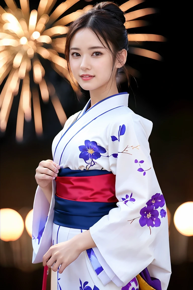 (Highest quality、Tabletop、8k、Best image quality、Award-winning works)、One beautiful woman、(Elegant floral kimono:1.2)、(Perfect kimono:1.3)、Perfect mature woman portrait photo、Glowing Skin、Standing Elegantly、(Grand and beautiful fireworks background:1.2)、(The most detailed and vivid fireworks:1.1)、(Perfect depiction of the most complex and detailed fireworks:1.1)、(The perfect backdrop for a summer festival:1.2)、Glowing White Skin、Very white skin、(The most graceful posture:1.1)、Perfect beautiful glossy lips、(Accurate anatomy:1.1)、(A perfect and elegant outfit:1.1)、(Front facing body:1.2)、(Hair Bun:1.1)、(The most moody and romantic:1.1)、Great cinema lighting、(Tyndall effect:1.1)、(Close-up of face:1.2)