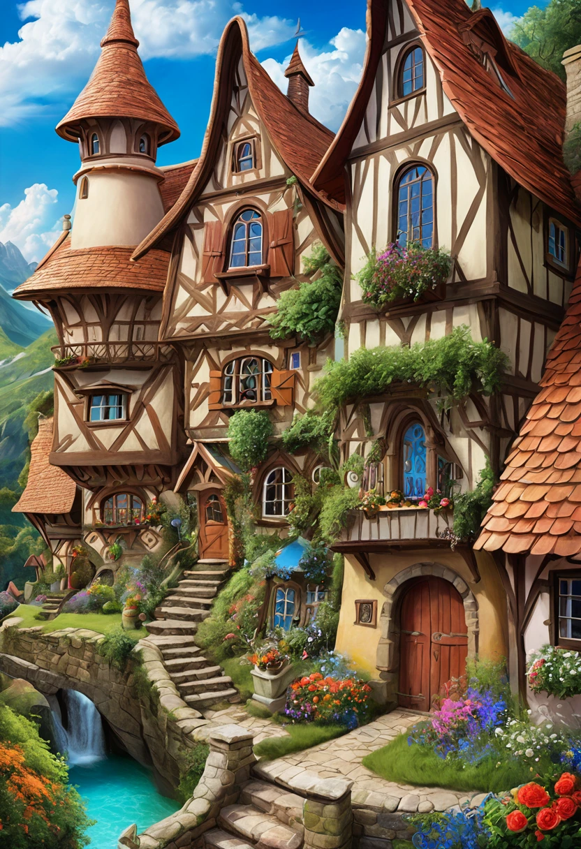 Vibrant, detailed digital painting of a whimsical, multi-story house perched on a rocky cliff. The house features a mix of wooden and stone elements, with steep, red-tiled roofs and multiple chimneys. The structure is surrounded by lush greenery, including trees, bushes, and colorful flowers, creating a lively and enchanting atmosphere. The sky is filled with fluffy, white clouds against a bright blue backdrop, adding to the overall cheerful and magical feel of the scene. The painting is rich in color and texture, with intricate details that bring the fantasy setting to life.