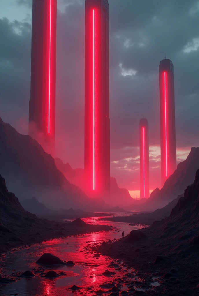 a surreal futuristic landscape, red glowing technological structures, evolution, red energy, 8k, detailed, cinematic lighting, photorealistic, digital art, sci-fi, concept art