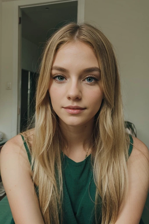 blonde with long wavy hair , with a clear oval face and green eyes