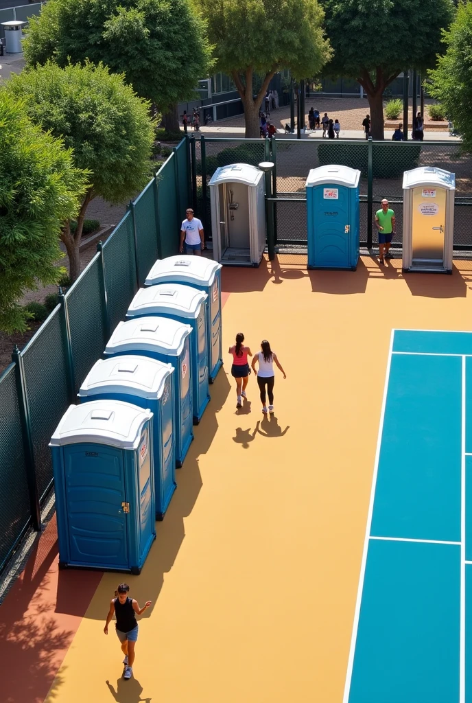 portable toilet perspective. 2 toilet stick and then distance, 2 shower stick space 2 lavatory and then 2 shower space 2 toilet. one row. the 2 lavatory is in the middle. one row not mirror. not like that. it is in the side of the court. not mirror. 2 toilet and 2 shower and then the 2 lavatory and then 2 shower and 2 another toilet. not mirror. include the lavatory