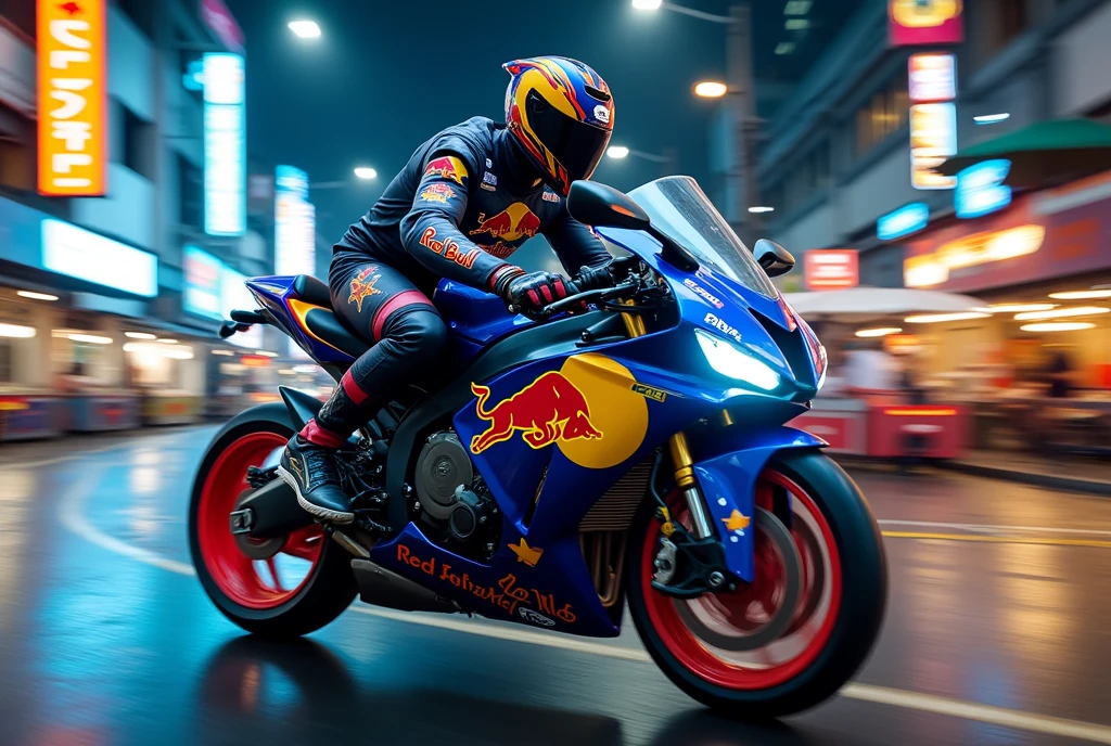 An image of a Masked Rider character riding a sports bike in Bangkok. His outfit and sports bike are inspired by the colors of the energy drink Red Bull.