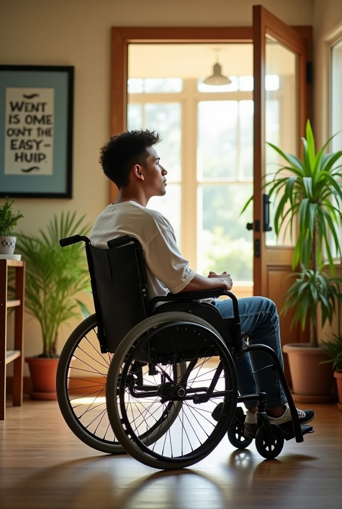 Image depicting a young man who is in a wheelchair and cannot transfer his body from one place to another and cannot eat or drink anything alone