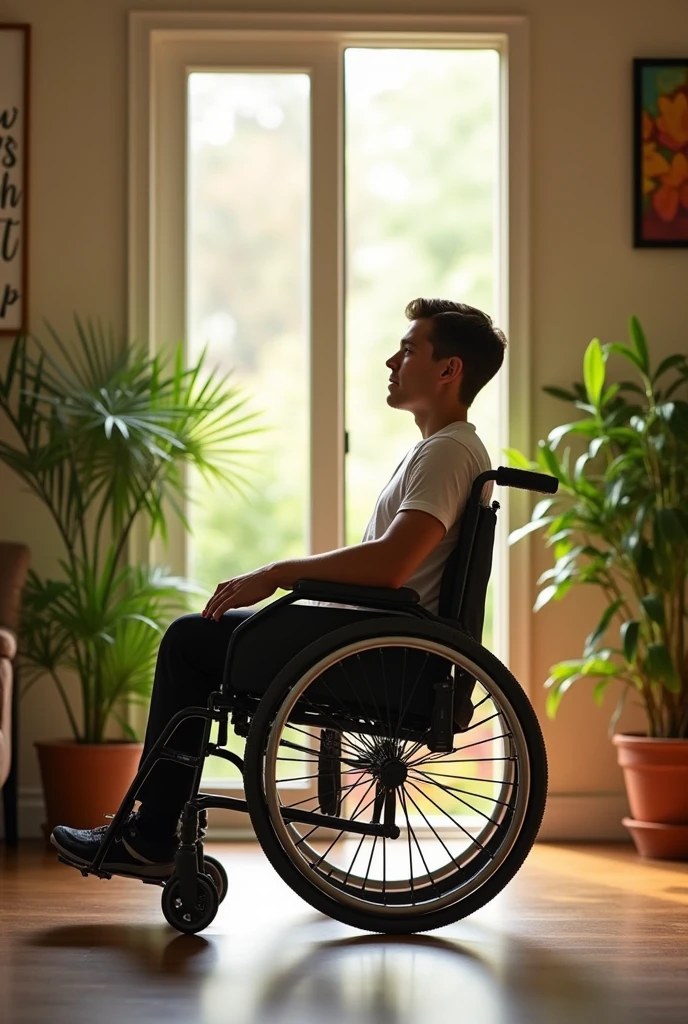 Image depicting a young man who is in a wheelchair and cannot transfer his body from one place to another and cannot eat or drink anything alone