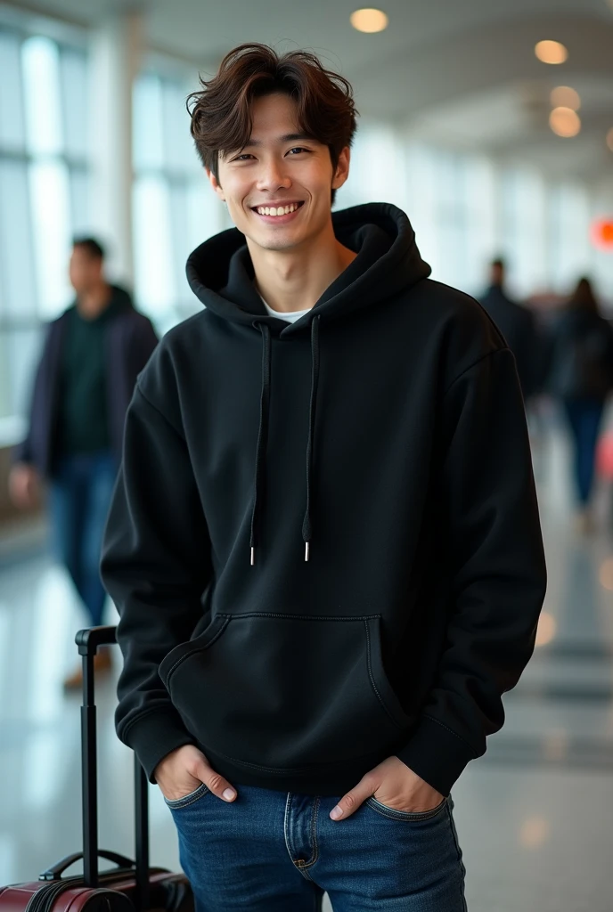 Một chàng trai lai đức và nhật bản, no beard, pretty young face, 19-year-old, straight and slightly messy hair, hair detailed, realistic hair, light skin , is model, High, black backpack and 1 side comfortable style, stand comfortably and put your right hand in your pocket, left hand holding the suitcase handle, smiley face, eyes slightly squinted because of smiling, wearing a black hoodie and dark blue jeans, very detailed jeans fabric, looks real, light brown eyes, from calf up, shot from bottom angle, standing at the airport, Best quality, Intricate details, highly detailed, mise au point nette, detailed skin, realistic skin texture, texture, detailled eyes, professionnel, 4K,Extremely detailed, Photograph_\(ultra\), photoreallistic, Realstic, Post-traitement, maximum details, roughness, real life, Ultra Realist, Photorealism, photographie, 8k