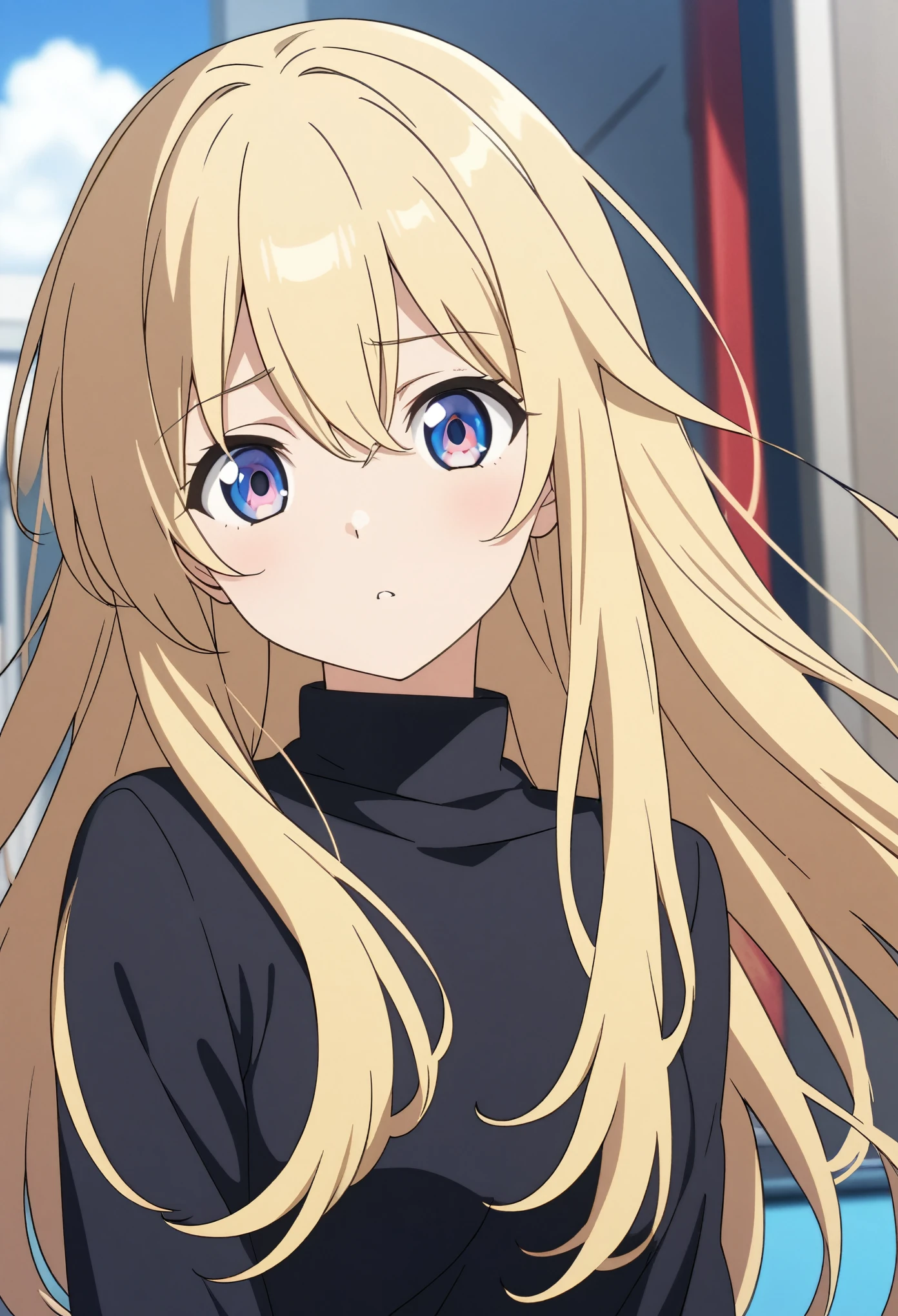 girl, anime, long hair with red and blue lines, pretty eyes, Blonde