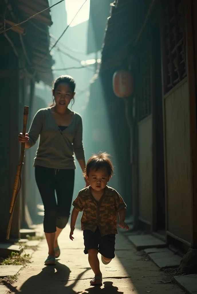 a asian mother holding a bamboo cane chasing a asian child an angry face, the running away in fear, detailed facial features, dramatic lighting, cinematic composition, moody atmosphere, high contrast, photorealistic, award winning photograph, 8k, HDR,