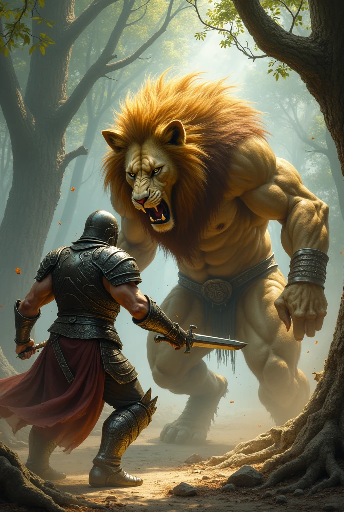 A warrior fighting a half-lion, half-human hybrid 