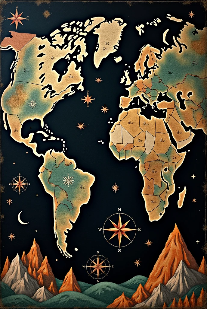 A black image with various geographical symbols