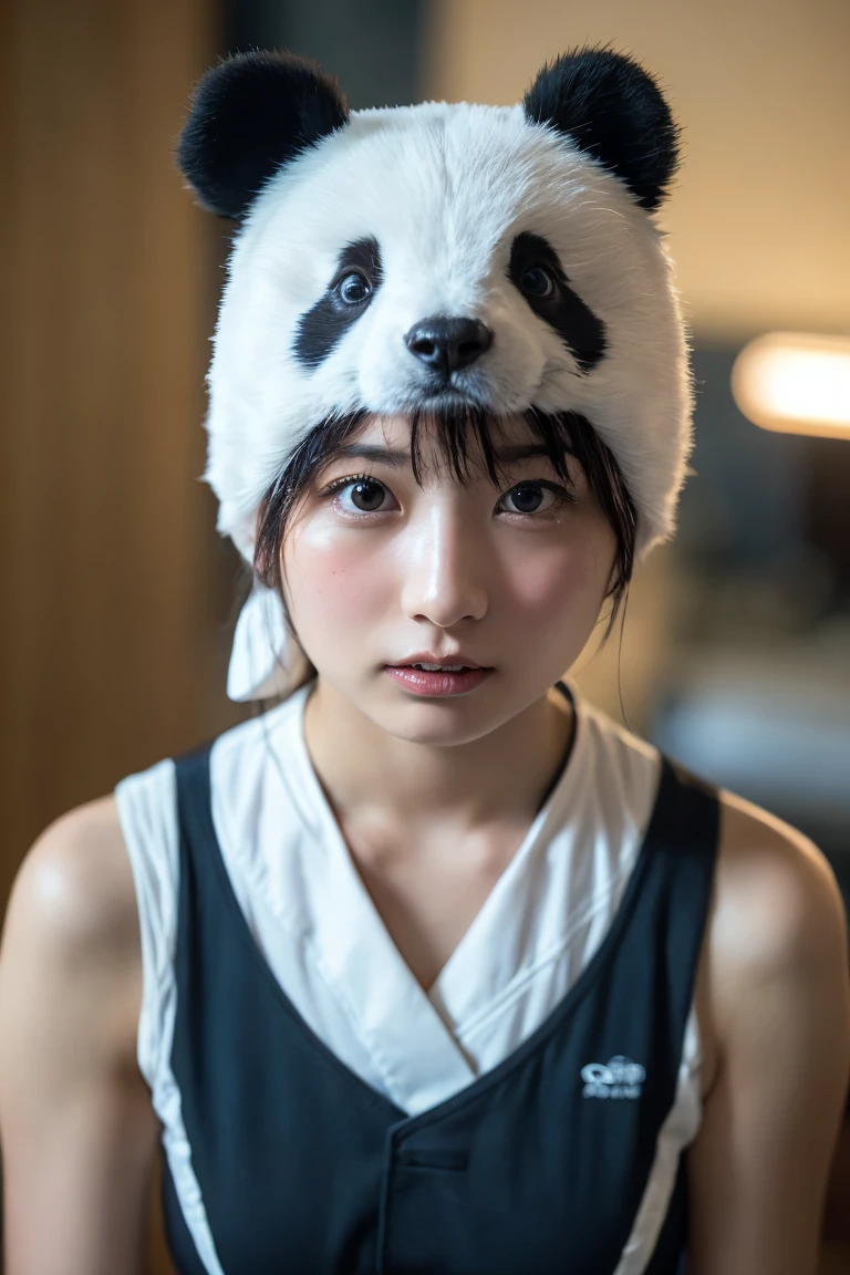 (8k, RAW Photos,Highest quality, High resolution:1.1), (Ultra-realistic:1.4),(Realistic, Realistic:1.3),The Beauty of Japan、((Upper Body:1.3)),look up、Shooting from above,from side,Panda costume