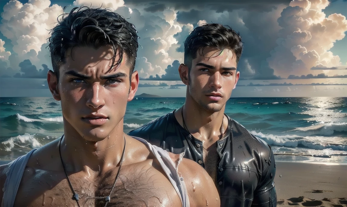 [((highly detailed, detailed eyes, detailed face, clear and realistic facial features, photorealistic, realistic light, cinematic)), ((((2 or 3 men, each man looks unique, all men are different)))), (((sexy male college-age jocks standing on the beach and looking angry or frustrated))), ((wearing weathered casual clothes)), ((wet)), ((beautiful deserted tropical island with a storm in background))]