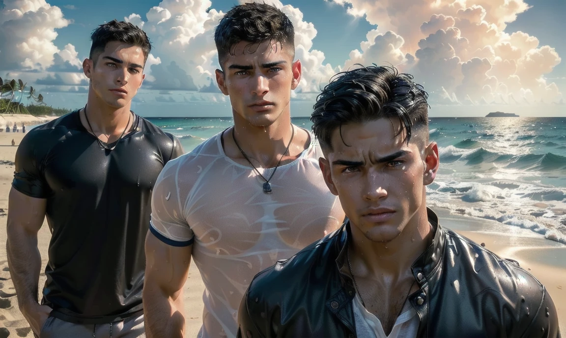 [((highly detailed, detailed eyes, detailed face, clear and realistic facial features, photorealistic, realistic light, cinematic)), ((((2 or 3 men, each man looks unique, all men are different)))), (((sexy male college-age jocks standing on the beach and looking angry or frustrated))), ((wearing weathered casual clothes)), ((wet)), ((beautiful deserted tropical island with a storm in background))]