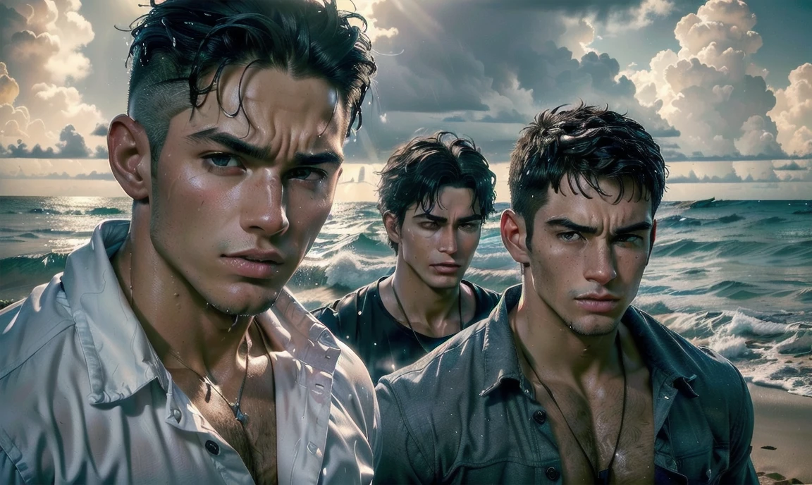 [((highly detailed, detailed eyes, detailed face, clear and realistic facial features, photorealistic, realistic light, cinematic)), ((((2 or 3 men, each man looks unique, all men are different)))), (((sexy male college-age jocks standing on the beach and looking angry or frustrated))), ((wearing weathered casual clothes)), ((wet)), ((beautiful deserted tropical island with a storm in background))]