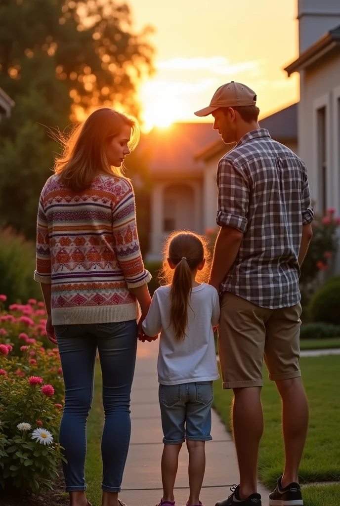 A family with mother, father, son and daughter outside the house looking at their neighbor worriedly
