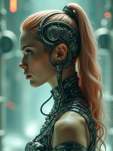(Masterpiece. Uhd. Photorealistic. Full body) An ultra hot gorgeous European woman. Age 23. Voluptuous hourglass sexy body (random color wavy hair), connected to a futuristic machine, science fiction, tubes coming out of his body, the Nostromo spaceship, wide shot, strange machines, Escher, H. R. Giger, futuristic tv movie, in the style of body extensions, norman foster, elaborate, vacation dadcore, white, absurdist installations, stanley kubrick