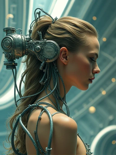 (Masterpiece. Uhd. Photorealistic. Full body) An ultra hot gorgeous European woman. Age 23. Voluptuous hourglass sexy body (random color wavy hair), connected to a futuristic machine, science fiction, tubes coming out of his body, the Nostromo spaceship, wide shot, strange machines, Escher, H. R. Giger, futuristic tv movie, in the style of body extensions, norman foster, elaborate, vacation dadcore, white, absurdist installations, stanley kubrick