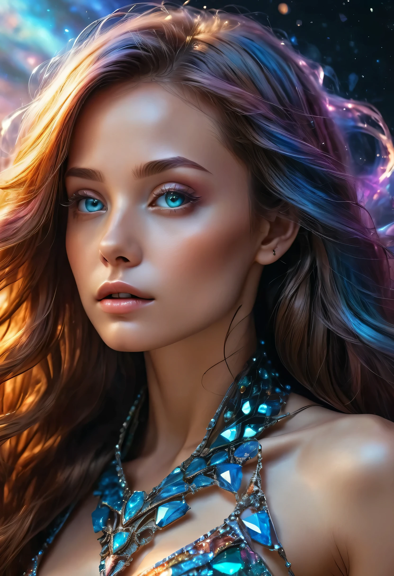 An alien girl whose body is made of minerals, diamond, Topaz, (best quality, highres, ultra-detailed), portraits, vivid colors, studio lighting, realistic, long hair flowing in the wind, sparkling eyes, otherworldly beauty, surreal atmosphere