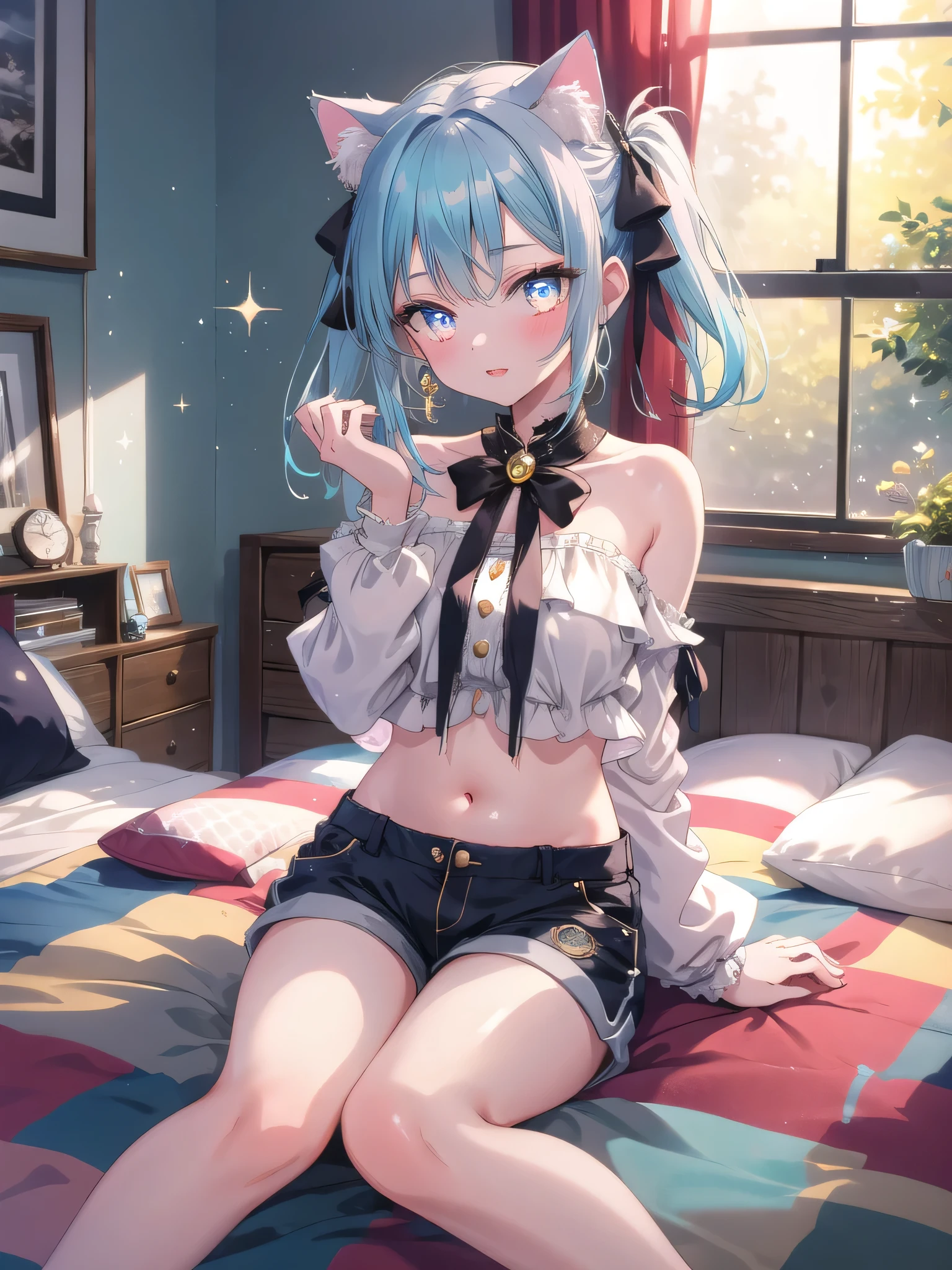 ((8k, Highest quality, masterpiece: 1.3)),Ultra-high resolution,(1 girl, alone), (Color changing eyes, Ultra-detailed, Expressive brilliance, Glitter, Glowing Eyes), Highly detailed eyes, Highly detailed face, Random Hair, ((pastel colour))A playful young woman with pastel blue hair styled into twin ponytails, sitting on the floor of her sunlit bedroom during a bright afternoon. She is dressed in a cute yet subtly sexy cat girl cosplay, wearing a fitted crop top with a low neckline, a pair of shorts, and cat ears. The camera captures her from a frontal angle as she sits with her legs spread, playfully posing with her hands as if they were cat paws, her expression playful yet flirtatious. The room is filled with natural light, with a few cat-themed accessories scattered around, and a playful, charming atmosphere.