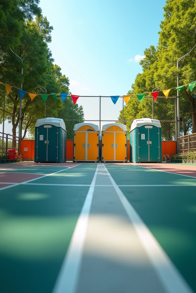portable toilet perspective. 2 toilet stick and then distance, 2 shower stick space 2 lavatory and then 2 shower space 2 toilet. one row. the 2 lavatory is in the middle. one row not mirror. not like that. it is in the side of the court. not mirror. 2 toilet and 2 shower and then the 2 lavatory and then 2 shower and 2 another toilet. not mirror. include the lavatory