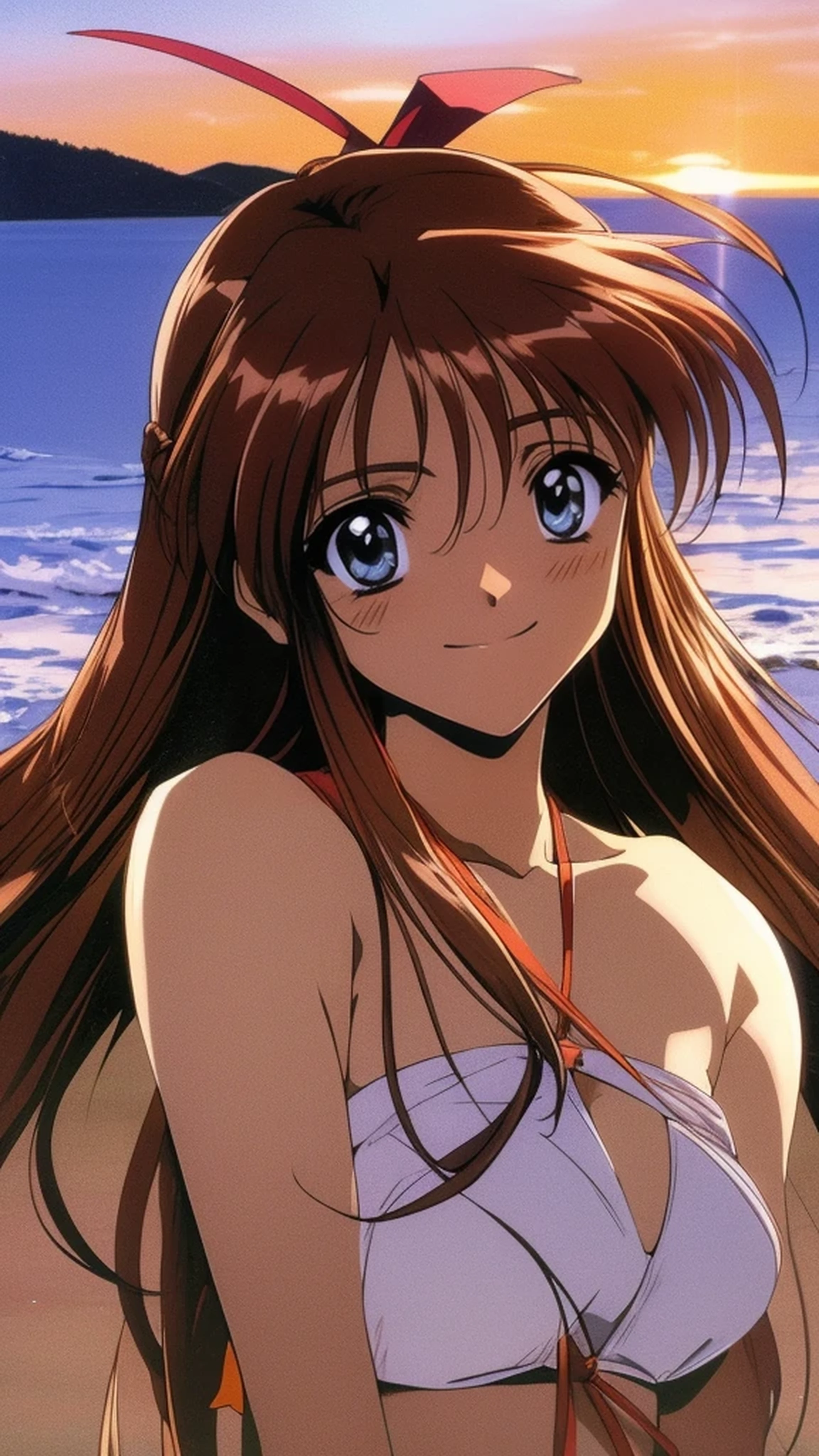 HinomoriAzusa, One person, alone, Brown Hair, Long Hair, ribbon, smile, Beautiful dark green eyes, hair ribbon, ((Pink one shoulder bikini:1.4), (On the beach at sunset, she holds a round locket pendant in her hand close to her chest and smiles at the viewer.:1.2)), liar, masterpiece, expensive quality, very_expensive_solve, big_file size, Full Color, (cinematic angle:1.1, upper body:1.3),