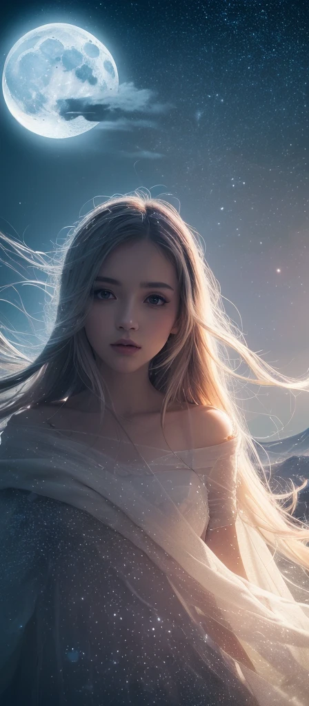 Masterpiece, (Best Quality: 1.2), (Super Fine: 1.2), Illustration, (Extremely Delicate and Beautiful: 1.2), Film Angle, Floating, (Beautiful Detail Eye: 1.1), (Detail Light: 1.1), Film Lights, Delicate Sky, Woman, White Hair, Blue Eyes, (High Ponytail: 1.1), Cloak, Glowing Eyes, (Moon: 1.2), (Moonlight: 1.1), Starry Sky, (Light Particles: 1.1), Fog , snow painting, sketching, blooming, cyberpunk, neon city