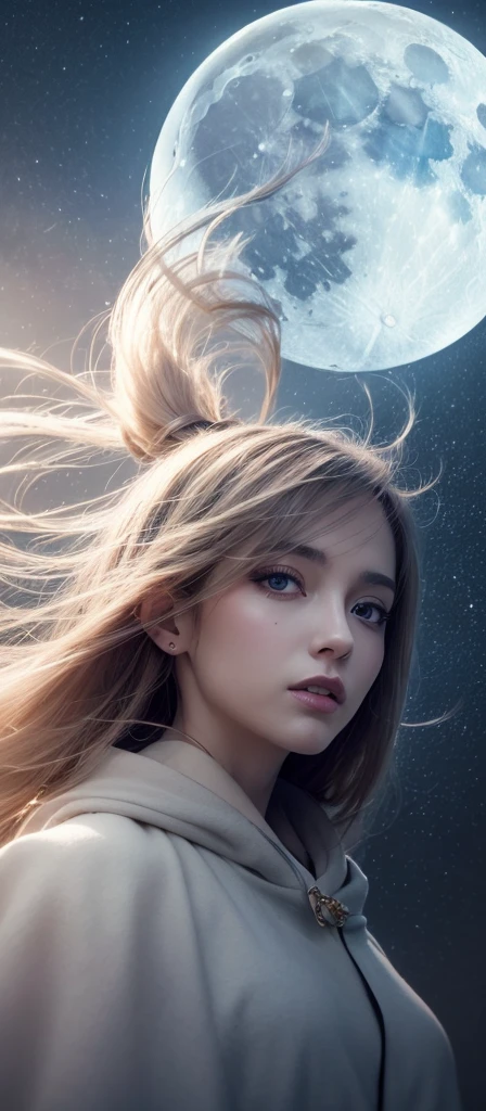 Masterpiece, (Best Quality: 1.2), (Super Fine: 1.2), Illustration, (Extremely Delicate and Beautiful: 1.2), Film Angle, Floating, (Beautiful Detail Eye: 1.1), (Detail Light: 1.1), Film Lights, Delicate Sky, Woman, White Hair, Blue Eyes, (High Ponytail: 1.1), Cloak, Glowing Eyes, (Moon: 1.2), (Moonlight: 1.1), Starry Sky, (Light Particles: 1.1), Fog , snow painting, sketching, blooming, cyberpunk, neon city