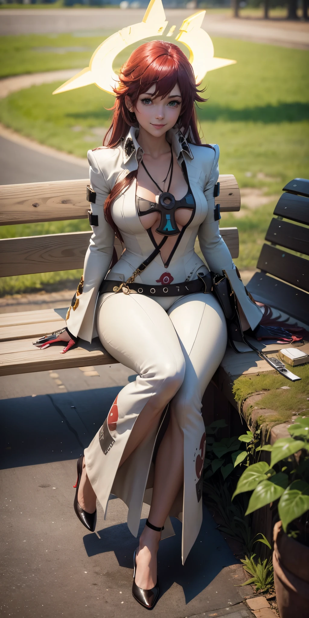 score_9, score_8_up, score_7_up, source_anime, solo, 1girl, strivejacko, smile, looking at viewer, sitting, park bench, compass rose halo, white bodysuit, black gloves, belt, ankh, necklace, cleavage, outdoors