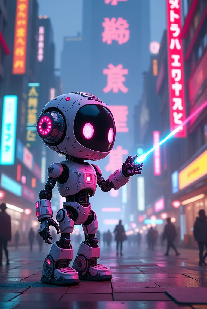 3d, cute, kawaii, anime, a small cyberpunk robot scanning a laser