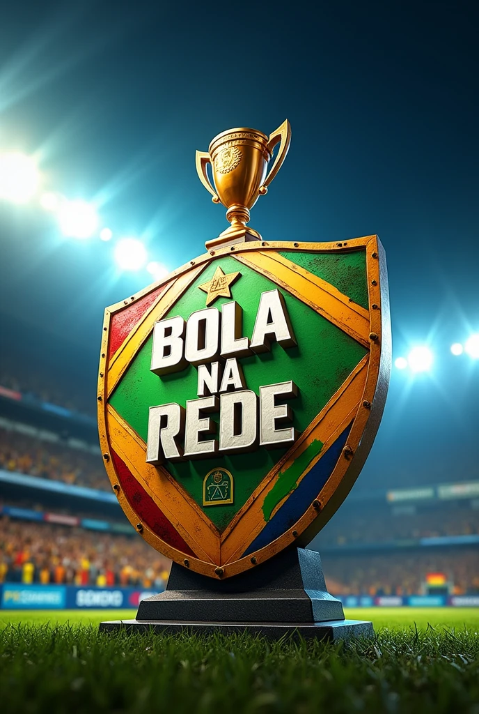 Football shield with the name BOLA NA REDE inside it and in the background of the image a football stadium with the trophy of the Brazilian Serie A Betano championship