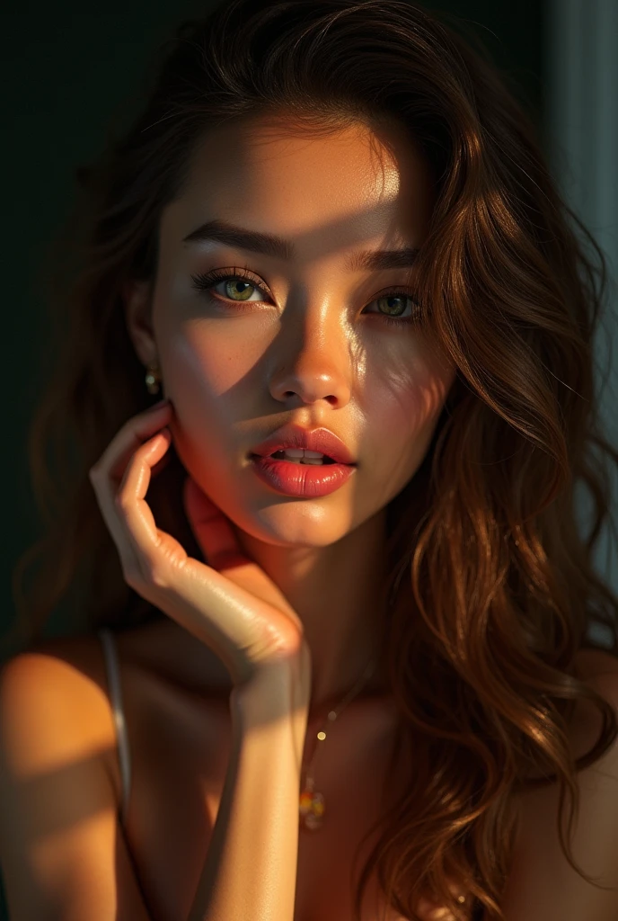 intricate detailed portrait of a beautiful woman, photorealistic, highly detailed face, piercing eyes, lush hair, detailed skin texture, sharp focus, vibrant colors, dramatic lighting, cinematic composition, hyper realistic, 8k, masterpiece, stunning beauty, flawless skin, elegant pose, chiaroscuro lighting, dramatic shadows and highlights, glowing skin, detailed jewelry, intricate hair, glossy lips, realistic pores and freckles