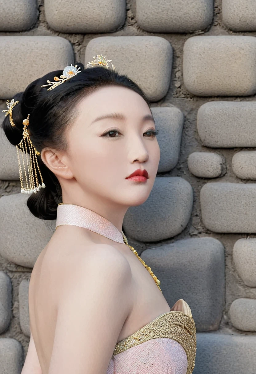 Front view of a Qing Dynasty empress in a Chinese palace during the Qing Dynasty. She is naked and has large breasts. She is wearing a crown and a flower hairpin.、Tie your bangs up.、The hair at the back of her head was tied up and pulled back.. The background is the stone paving of a Chinese palace during the Qing Dynasty..