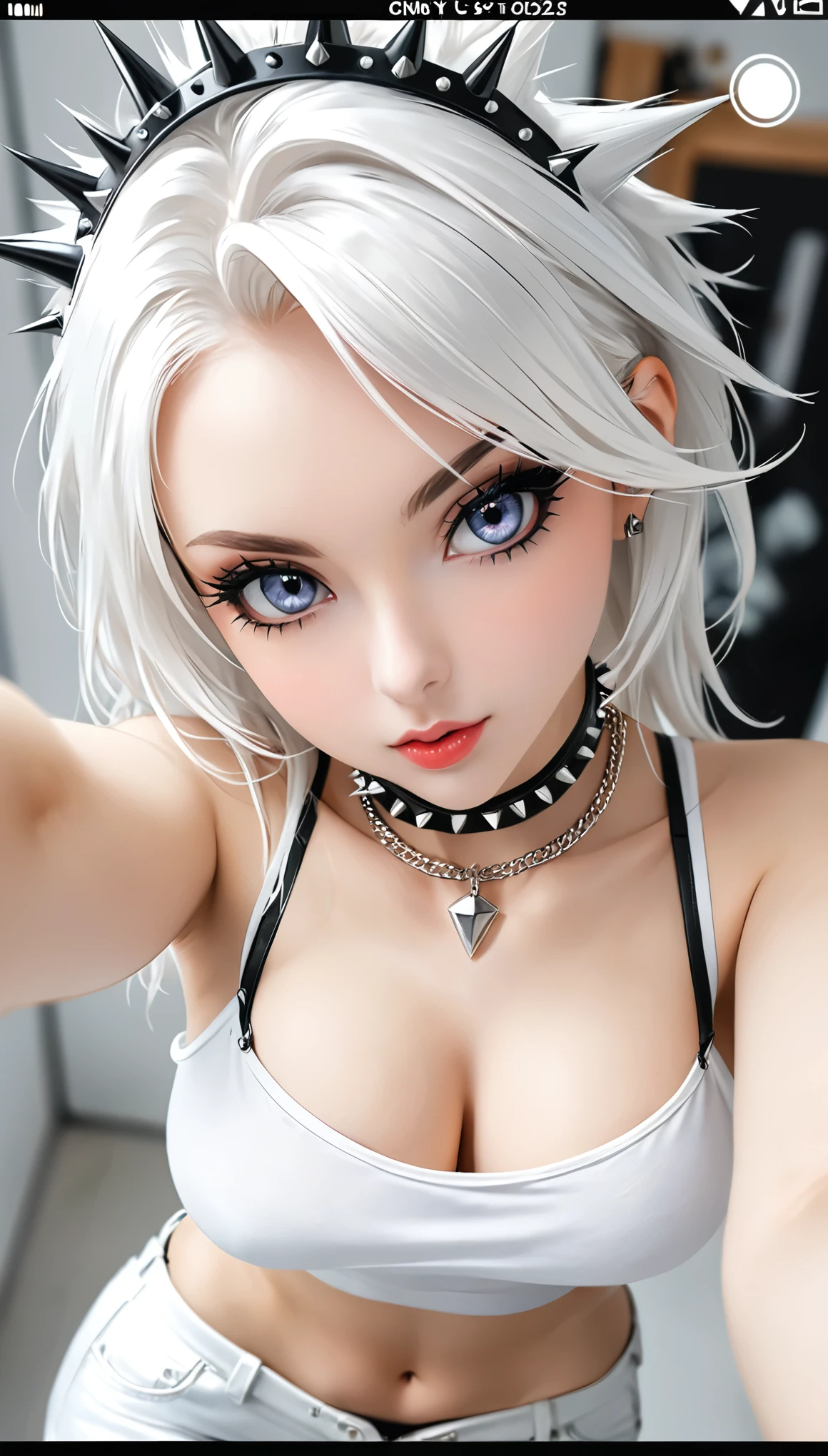 ((Sexy Girl ,promote)),Pure white background，plain white T-shirt，Long pure white hair，Spiked choker，Spiked Headdress，Pure White Pants，Punk Girl，Necklace pendant in cleavage，，（（（Selfie Poses，Viewfinder，Top view，from above，looking at viewer））），Chest focus，(Blurred foreground，Sharp focus，Background blur:1.5)