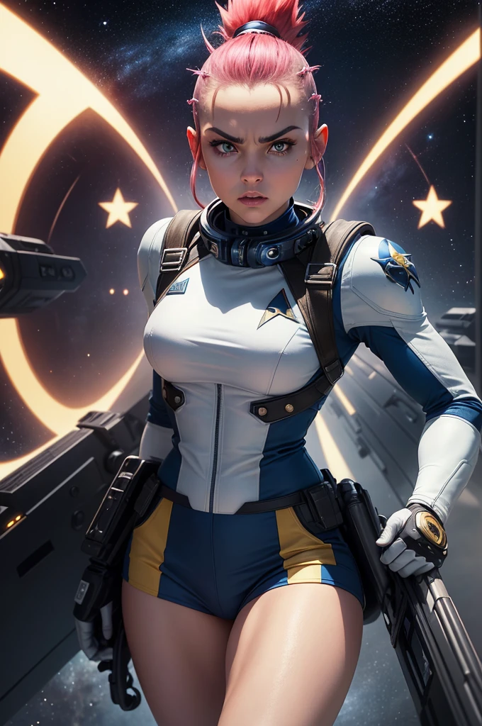 To create an elegant and exclusive uniform for a space explorer team similar to the uniforms from the franchise "star"trek", more of a high goal, with a different emblem in the shape of a bird and a four-pointed star inside a circle, using golden colors, Silver and blue with various modern digital electronic equipment embedded in the handlebars and gloves with keyboards, used by a proud, Bela, very muscular, strong and serious woman with a soft bluish face, all white eyes with large, well-arched eyebrows, mature bald alien with a short, red punk-style mohawk, running audaciously through a mysterious and wild planet, well armed and with a spaceship in the background