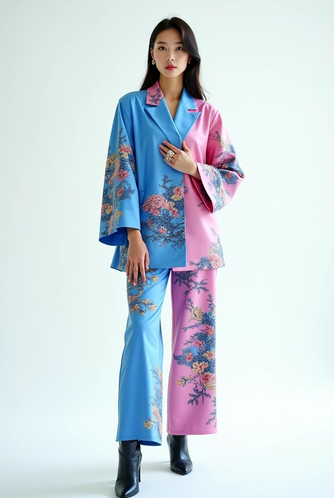korean model girl wearing blue pink suit with lot of chinese  pattern , ,model , oversize  , posing for photo , cinematic , white background , rings , high boots ,  , full body , 