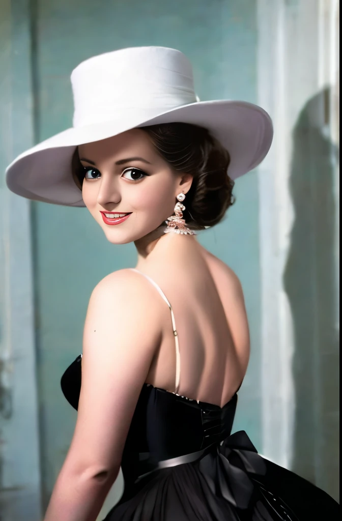 arafed woman in a white hat and black dress with a black bow, in costume, by Stan Galli, by Kurt Seligmann, “ painting, by Allan Linder, by Earle Bergey, old hollywood, by Carl Eytel, by Cecil Beaton, by Hans Schwarz, vintage movie shot, circa 1940s, vintage color photo