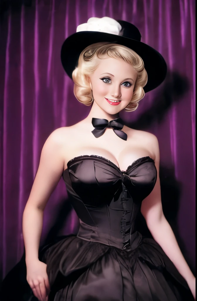 arafed woman in a white hat and black dress with a black bow, in costume, by Stan Galli, by Kurt Seligmann, “ painting, by Allan Linder, by Earle Bergey, old hollywood, by Carl Eytel, by Cecil Beaton, by Hans Schwarz, vintage movie shot, circa 1940s, vintage color photo