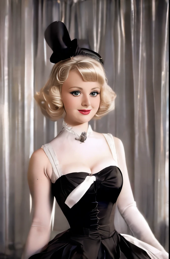 arafed woman in a white hat and black dress with a black bow, in costume, by Stan Galli, by Kurt Seligmann, “ painting, by Allan Linder, by Earle Bergey, old hollywood, by Carl Eytel, by Cecil Beaton, by Hans Schwarz, vintage movie shot, circa 1940s, vintage color photo