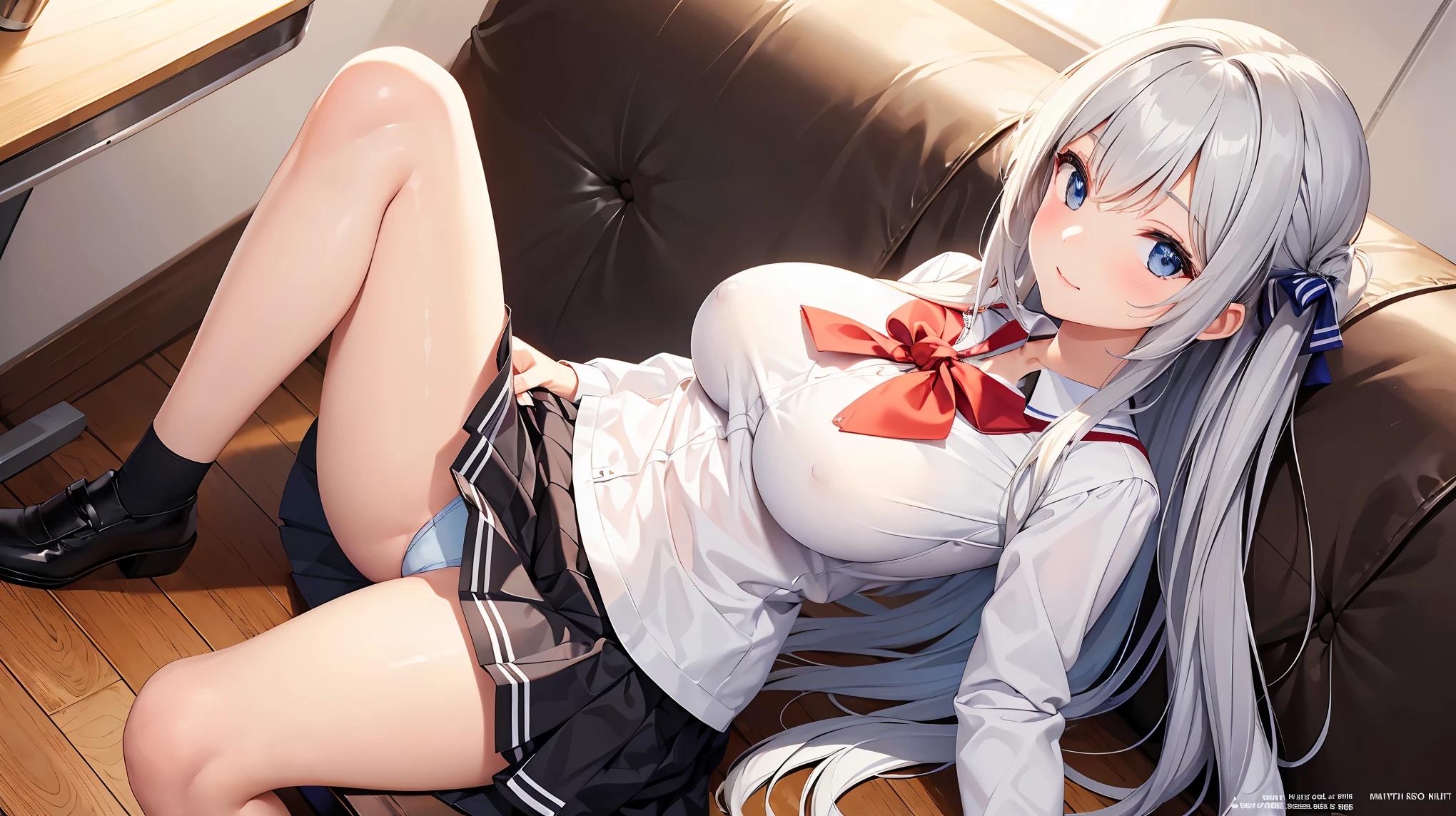 masterpiece, Highest quality, In detail, (beautiful girl), cute, (tits), (A high school girl tucking up her skirt to show her panties.)