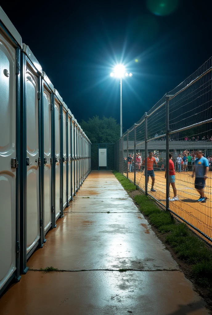 portable toilet perspective. 2 toilet stick and then distance, 2 shower stick space 2 lavatory and then 2 shower space 2 toilet. one row. the 2 lavatory is in the middle. one row not mirror. not like that. it is in the side of the court. not mirror. 2 toilet and 2 shower and then the 2 lavatory and then 2 shower and 2 another toilet. not mirror. include the lavatory