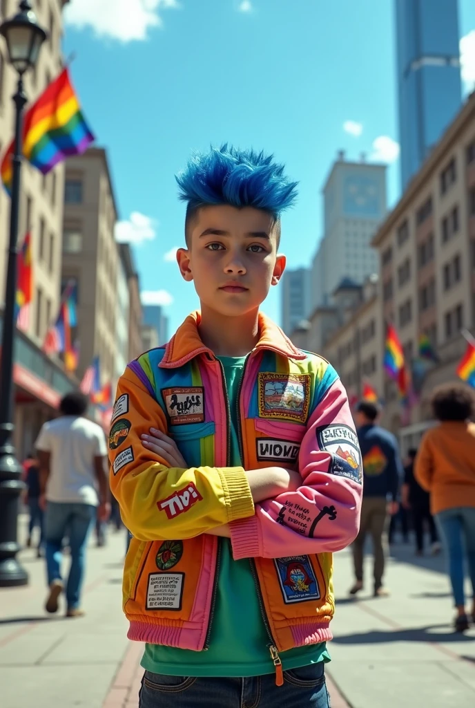 23 year old naked boy with colored hair , Gay pride , pride day, celebreting , cue , freckles in the face , madrid , real streets of madrid , penis visible on camera