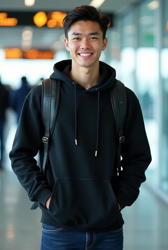 Một chàng trai lai đức và nhật bản, no beard, pretty young face, 19-year-old, straight and slightly messy hair, hair detailed, realistic hair,  light skin , is model, High, black backpack and 1 side comfortable style, stand comfortably and put your right hand in your pocket, left hand holding the suitcase handle, smiley face, eyes slightly squinted because of smiling, wearing a black hoodie and dark blue jeans, very detailed jeans fabric, looks real, light brown eyes, from calf up, shot from bottom angle, standing at the airport,  Best quality, Intricate details, highly detailed, mise au point nette, detailed skin, realistic skin texture, texture, detailled eyes, professionnel, 4K,Extremely detailed, Photograph_\(ultra\), photoreallistic, Realstic, Post-traitement, maximum details, roughness, real life, Ultra Realist, Photorealism, photographie, 8k 