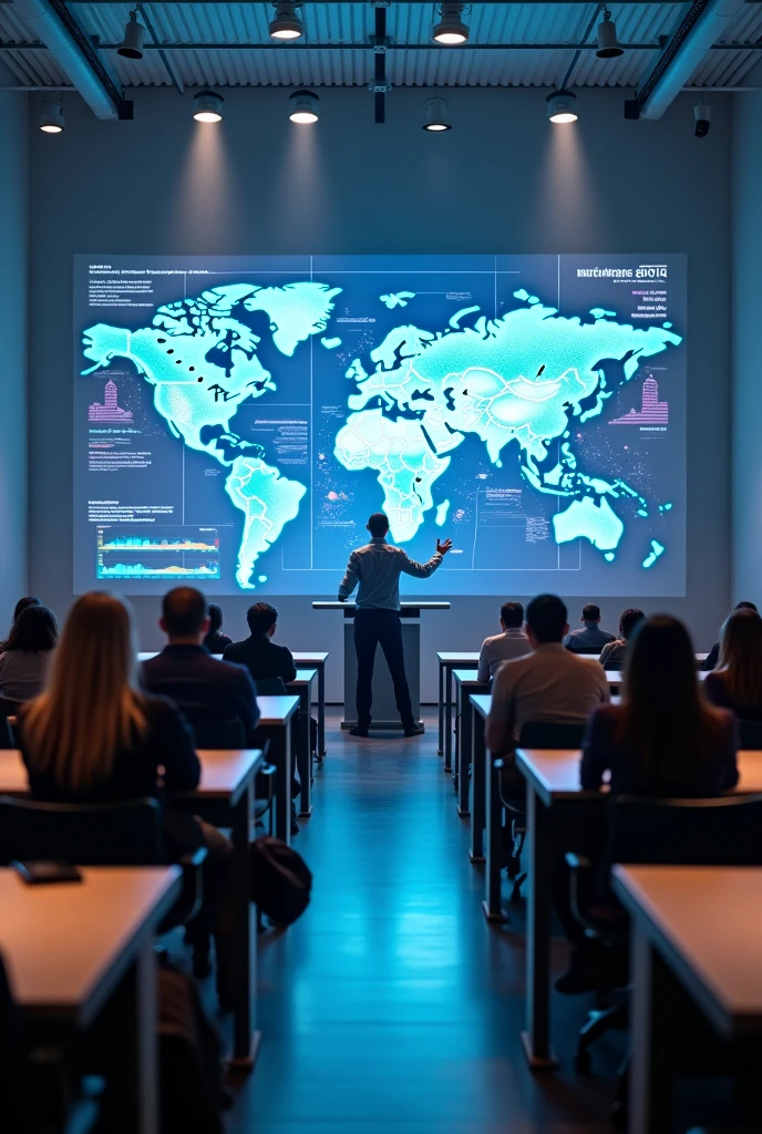 Represent the study of the economic growth cycle of a country with large futuristic-style graphs with a couple of young students, male and female, in a huge university classroom with a professor . Put students in a small part of the picture 