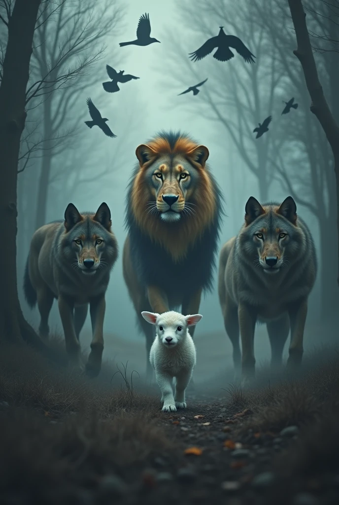 Create an image like a work of art where a lamb is surrounded by wolves that want to kill it in a cloudy and cold forest. The lamb has a light and crows fly over it., In that image a lion appears behind him and two wolves clearing the way for the lion 