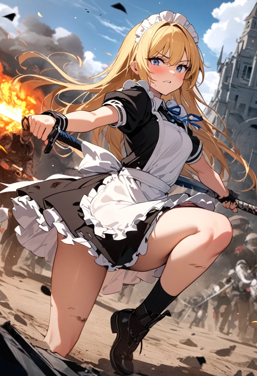 (8k, super high quality, masterpiece), (detailed), One Woman, Small breasts, Blonde, cute, Slightly longer, Blue ribbon, Apron dress, Maid clothes, Brandishing a two-handed sword, Dynamic stance, Burning Battlefield, Castle Defense, My whole body is dirty., Torn clothing, A strong enemy in front of me, Deadly Combat, Intense Combat, Quite dirty, 