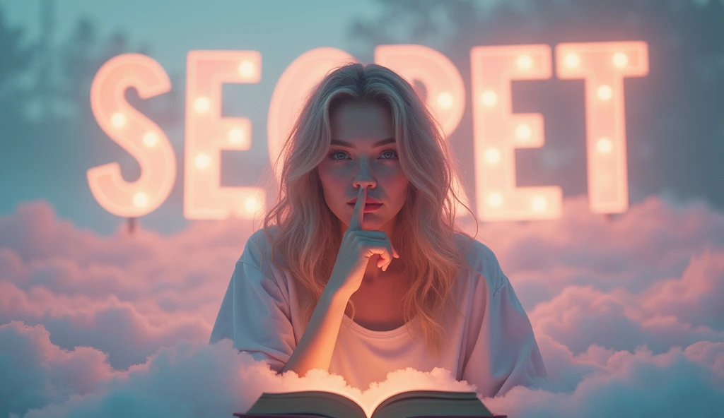 Color: Use a blend of soft pastels like pink and teal to create a calming effect, with a sharp contrast using bold reds for the text.Text: "5 Secret Rules" in bold, uppercase, with the word "Secret" emphasized in a larger, glowing font.Face Expression: A person with a finger to their lips, making a “shush” gesture, with a knowing smile.Key Elements: A mysterious, glowing book or scroll in the foreground that seems to be the source of the “rules.”
