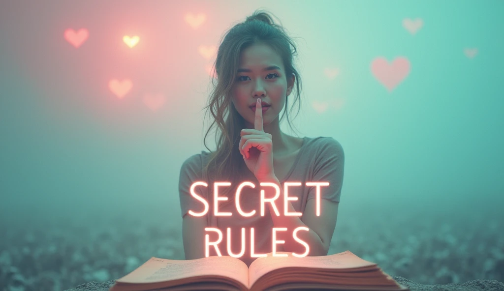 Color: Use a blend of soft pastels like pink and teal to create a calming effect, with a sharp contrast using bold reds for the text.Text: "5 Secret Rules" in bold, uppercase, with the word "Secret" emphasized in a larger, glowing font.Face Expression: A person with a finger to their lips, making a “shush” gesture, with a knowing smile.Key Elements: A mysterious, glowing book or scroll in the foreground that seems to be the source of the “rules.”
