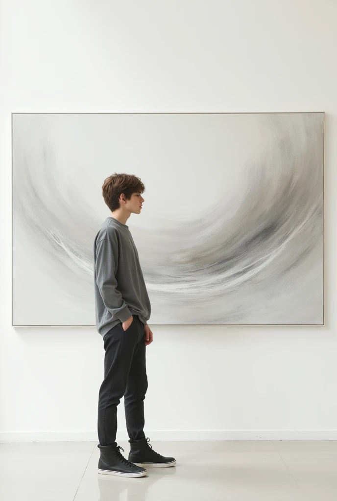 An image of a 20 year old brown haired man with a simple no face standing to the left of a horizontally large painting, white and white background
