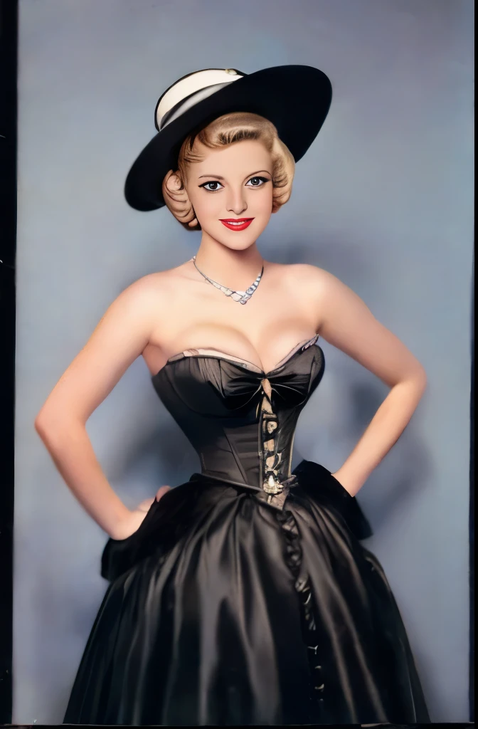 arafed woman in a white hat and black dress with a black bow, a colorized photo by Stan Galli, flickr, pop art, in costume, “ painting, old hollywood, vintage movie shot, circa 1940s, vintage color photo, 1952, belle, 1 9 5 5, 1955, 1940s