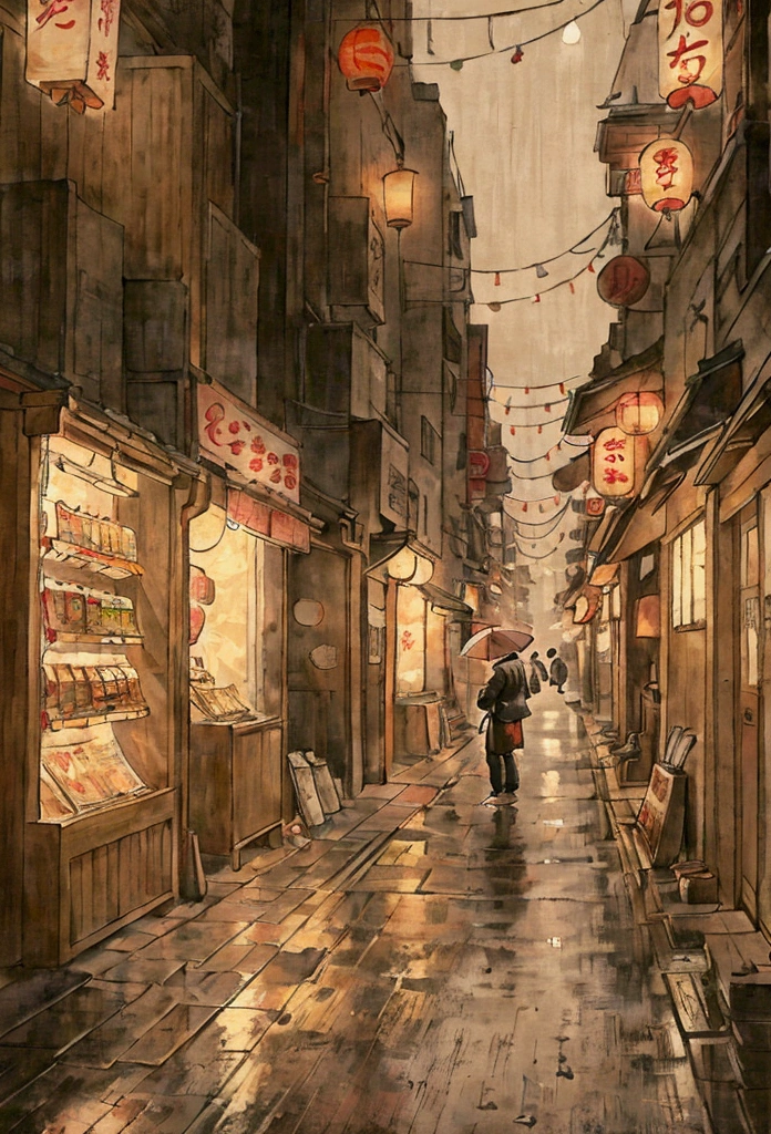 A young man in hiphop outfit standing in the center of a narrow seen from behind, dimly lit Tokyo alley. His hood is slightly pulled up, casting a shadow over his face, which is partially obscured by the glow of a neon sign that reads "Ramen Shop" in kanji characters hanging above the entrance of a small eatery to his right. The alley, a blend of traditional and modern Japan, is lined with a mix of wooden and concrete buildings. The walls are adorned with graffiti and posters for local events, creating a vibrant yet mysterious atmosphere. To the left, a line of vending machines stand tall, their lights reflecting off the wet pavement from a recent rain shower. Behind him, the neon lights of a pachinko parlor flicker, illuminating the alley in a pinkish-white hue. The man's posture is relaxed yet alert, one hand in his pocket, the other holding a takeout bag from the ramen shop. His footwear, a pair of well-worn sneakers, suggests comfort and practicality for the city streets. The scene is alive with the muffled sounds of distant traffic and the occasional chatter of passersby, yet the man remains a solitary figure, lost in thought or contemplating his next move. The rain has ceased, but the dampness in the air lingers, contributing to the alley's intimate and slightly eerie ambiance. The overall composition captures the essence of a quiet moment in the bustling city's nightlife, where the mundane intersects with the enigmatic.
